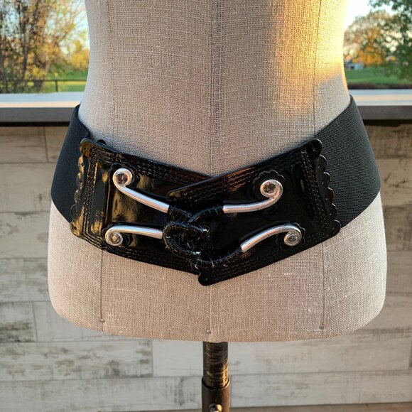 Wide Statement Black Leather Elastic Silver Buckle Cinch Waist Belt - Picture 1 of 9